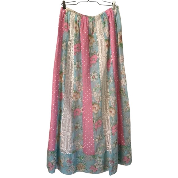 Vintage Chessa Davis Patchwork Floral Lace Polka Dot Prairie Skirt Boho Hippie - Picture 1 of 17